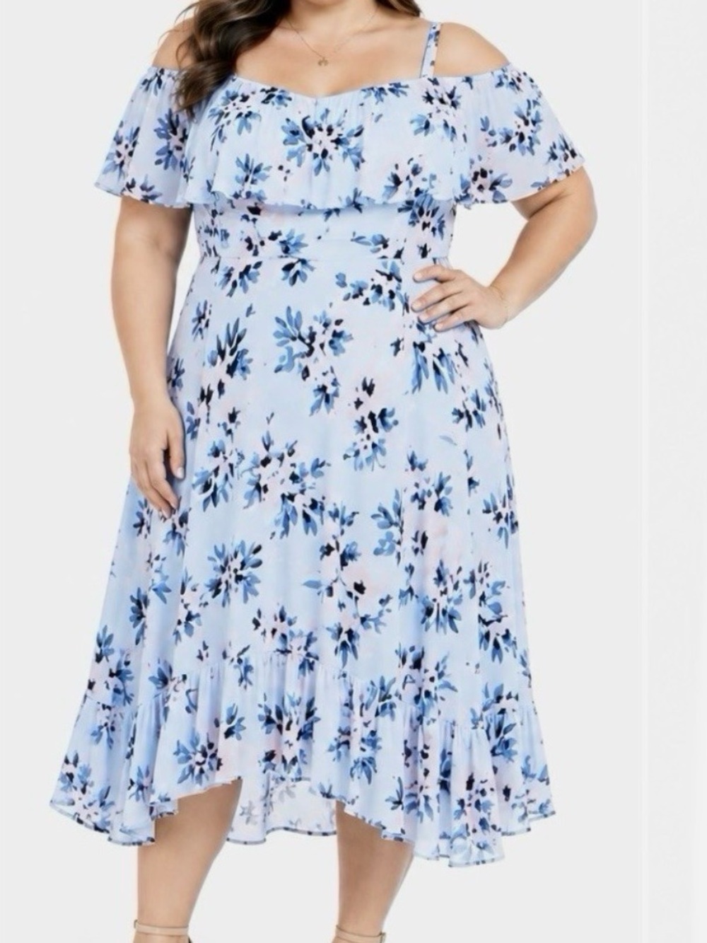 Torrid Blue Floral Cold Shoulder Handkerchief Hem Midi Dress Size 1/ 1X